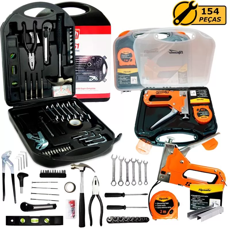 Kit Jogo Ferramentas 154 Peças Semiprofissional Serviço Gerais Mais Jogo Grampeador