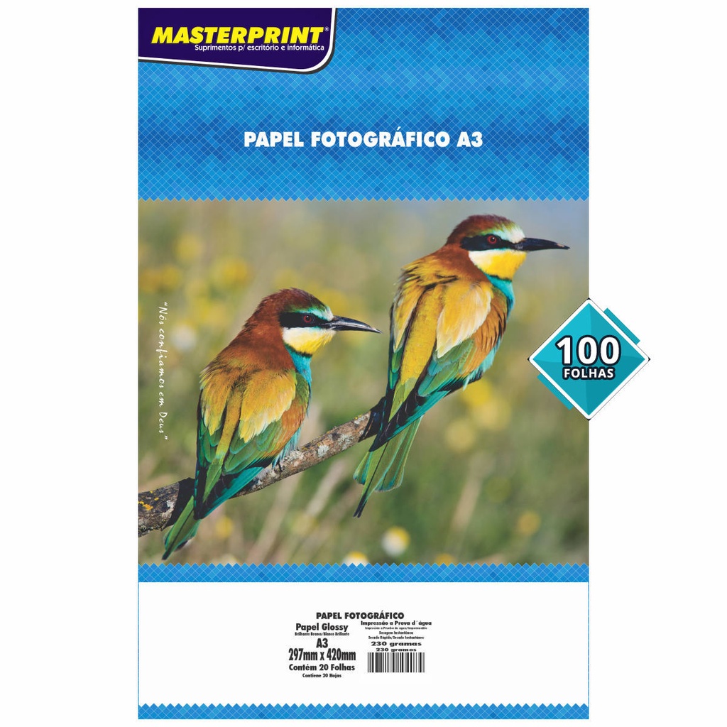 Papel Glossy A3 230g Fotográfico Branco Brilhante Masterprint com 100 Folhas