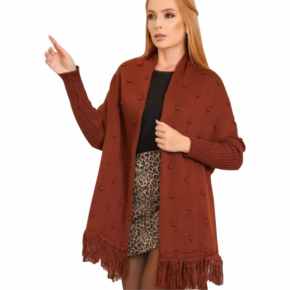 Ponche Lã Tricot Capa Com Franja Feminino Inverno Aberto