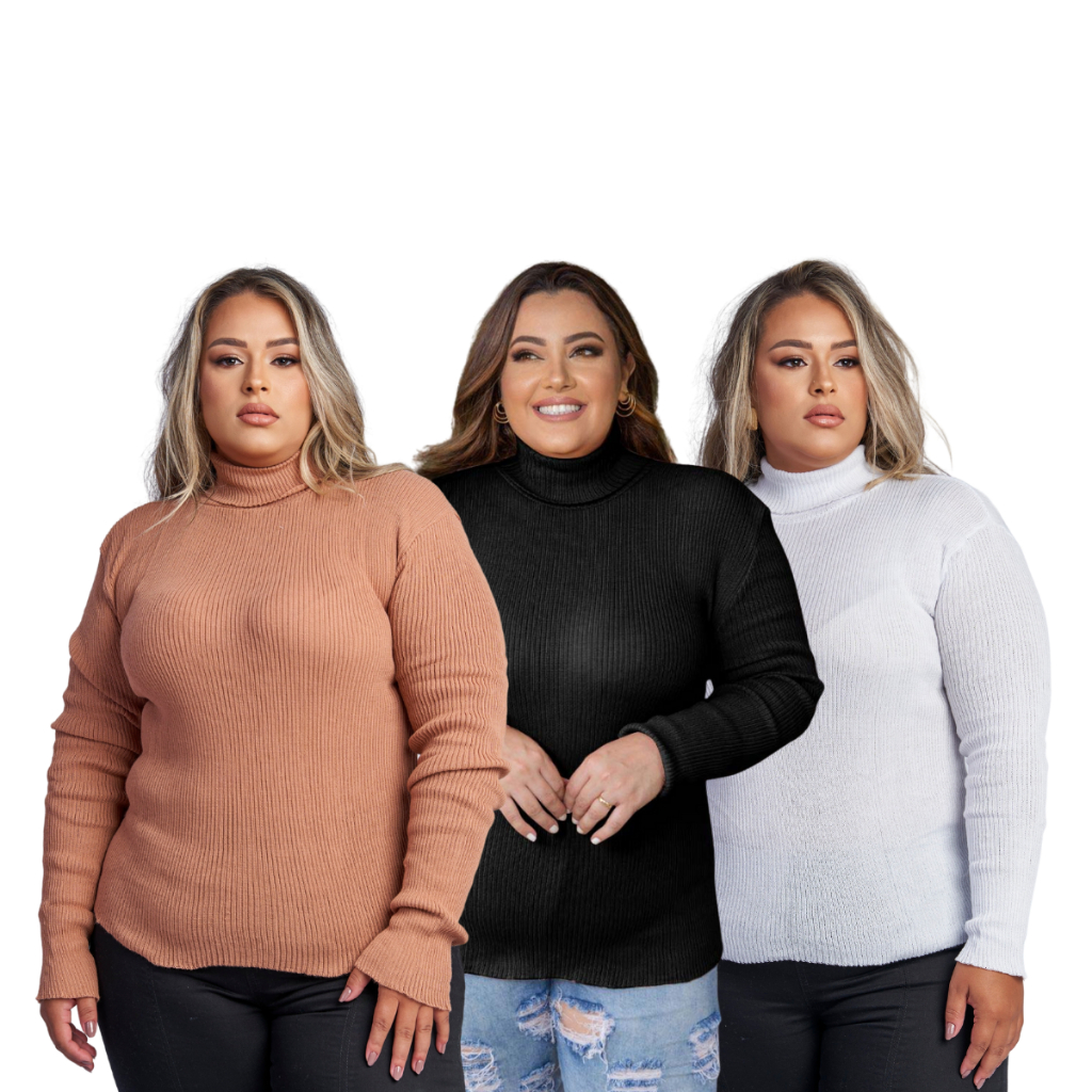 Kit 3 Suéter Gola Alta Feminino  Plus Size Segunda Pele Manga Longa Tricô