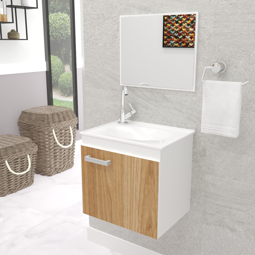 Gabinete Armário Balcão Para Banheiro Com Cuba e Espelho Bari Carvalho Completo