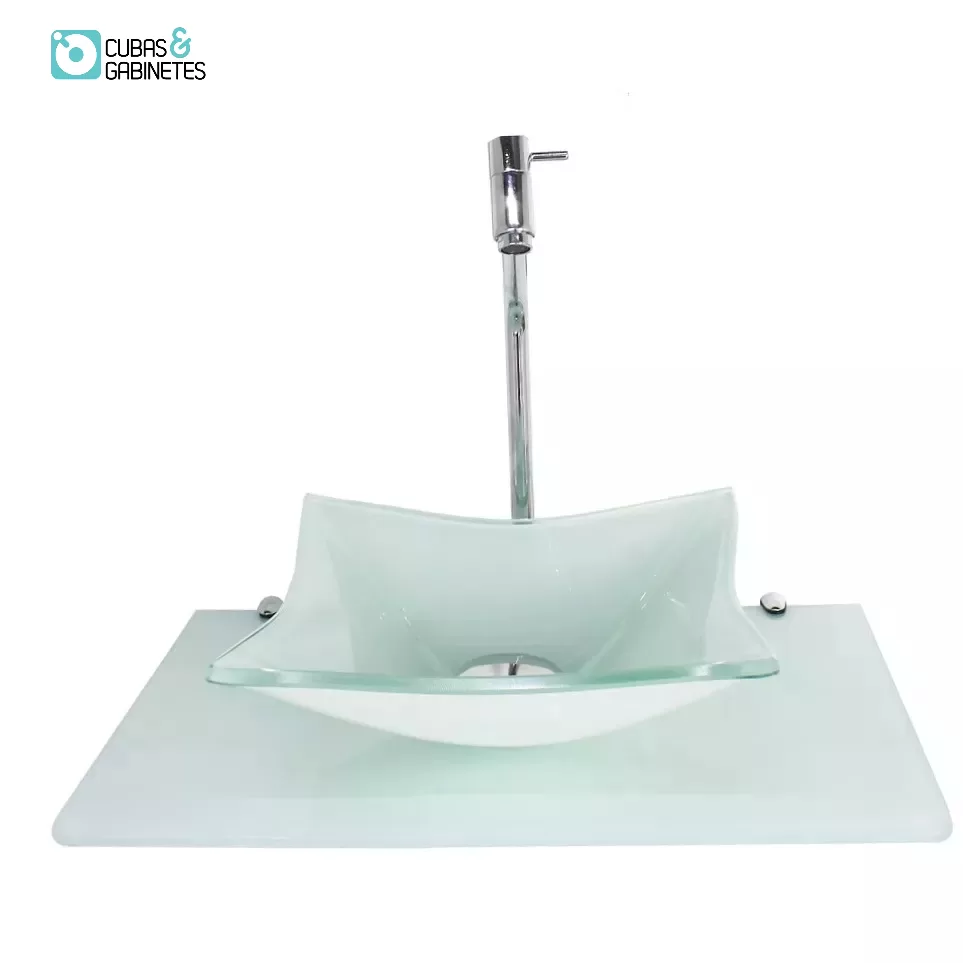CUBA DE VIDRO 10MM TAMPO 50CM BRANCO FULL COM SUPORTE TORNEIRA VALVULA