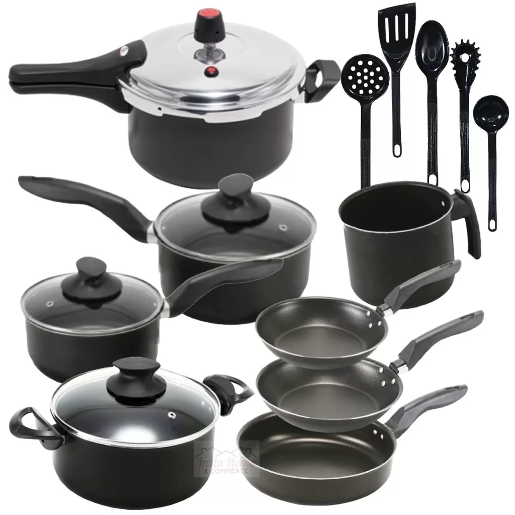 Jogo de Panelas 13 Peças Com panela de Pressão Fechamento Externo de Peças Antiaderente Teflon Grafi