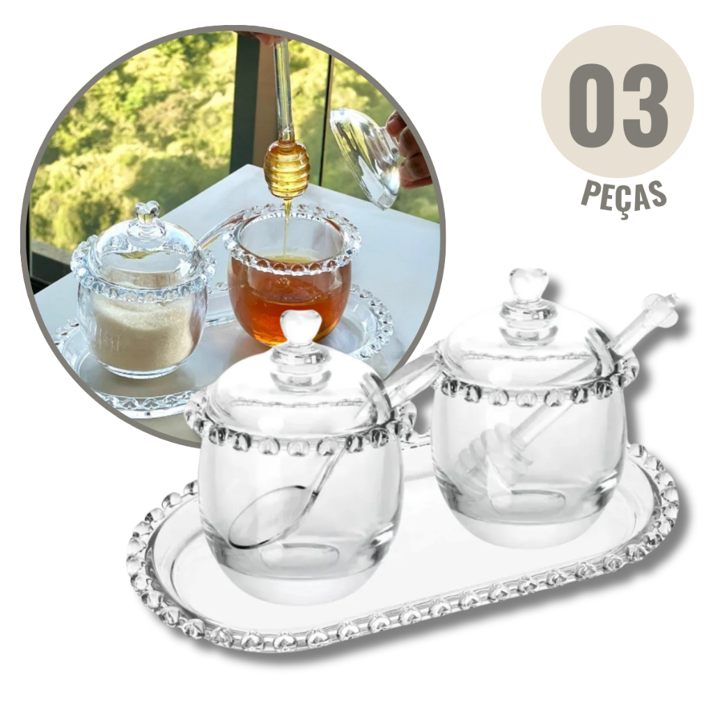 Kit Açucareiro Meleira Travessa 3 Peças Coração Bolinha Em Vidro Lyor