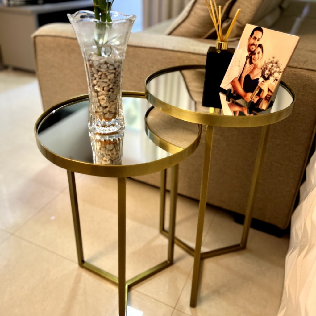 Conjunto de Mesa Lateral Aço Com Espelho Steel Glass Estilo Industrial – LH Móveis