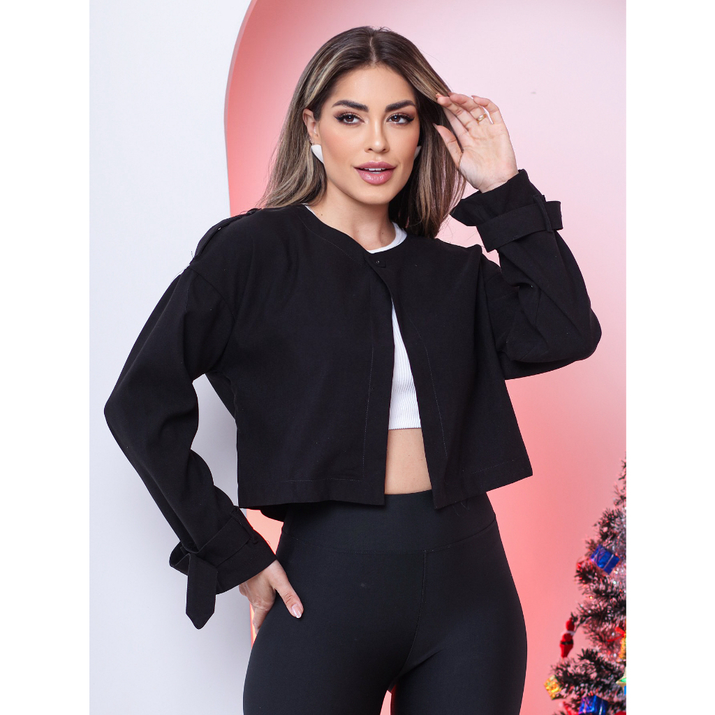 Casaco Feminino Camurça Cropped Manga Longa Gola Redonda Botões Moda Inverno Sabrina Sato 2025