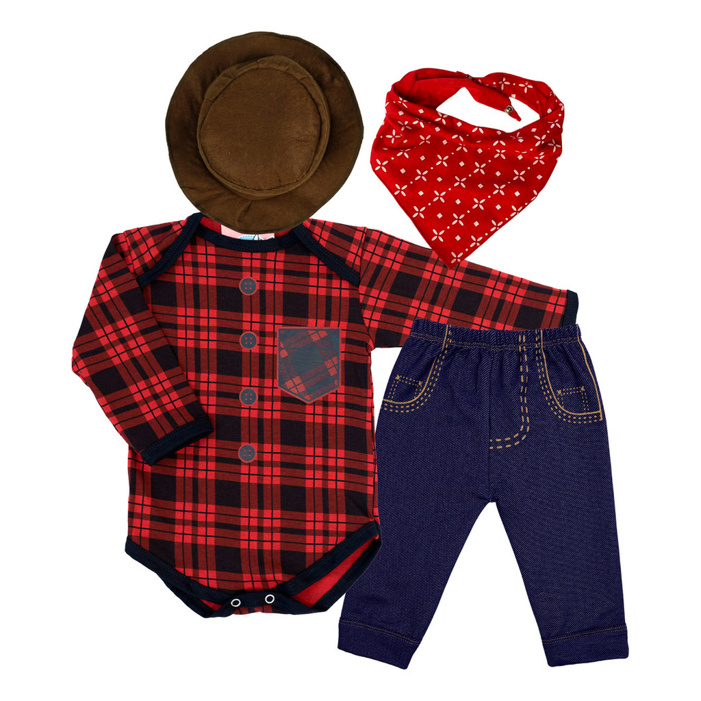 Body Bebê Fantasia Xadrez Festa Junina 100% algodão + Calça + Lenço + Chapéu