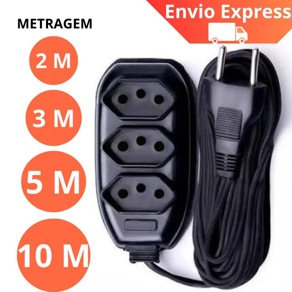 Extensão Elétrica 2, 3, 5 ou 10 METROS – BIVOLT 110/220V 10A TRIPOLAR RESISTENTE COR PRETA BRANCA
