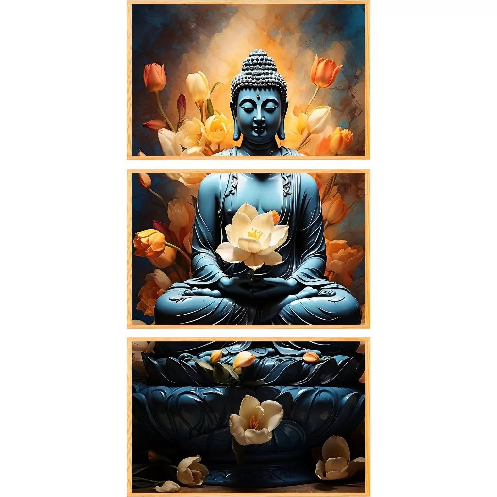 Quadro decorativo para casas religioso buda flores 3 peças n107