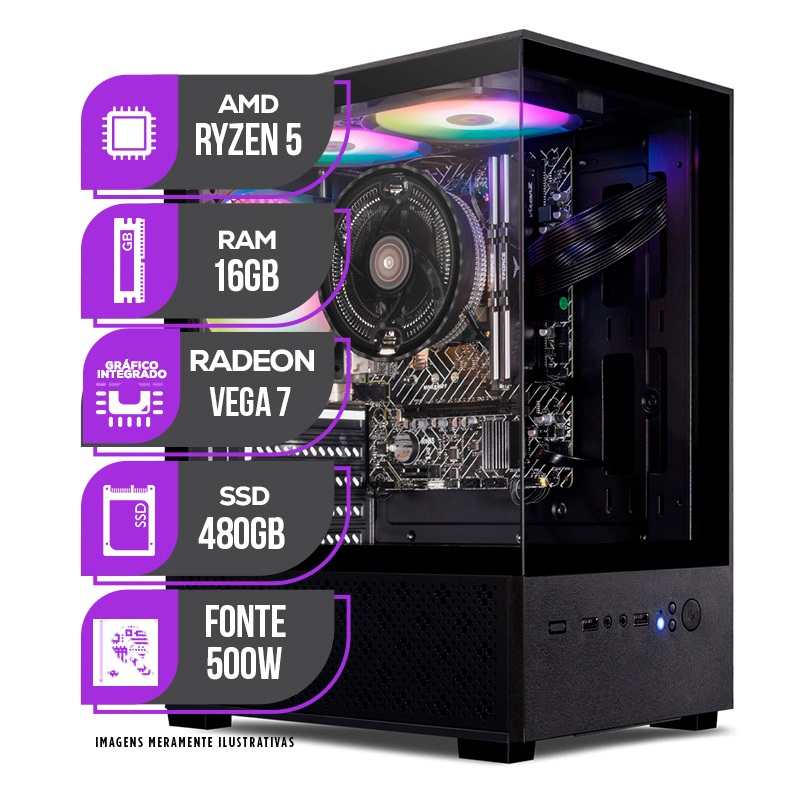 PC Gamer Mancer, AMD Ryzen 5 5600GT, Vega 7, 16GB DDR4, SSD 480GB, Fonte 400W 80 Plus