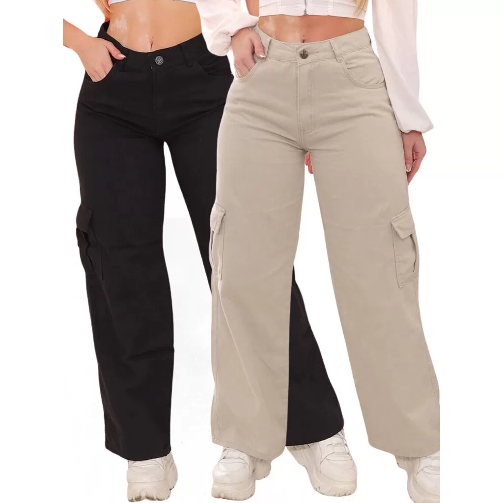 Kit 2 Calça Jeans Feminina Cargo Bolsos Laterais + 5 Cores – 100% Jeans Premium Wide Leg