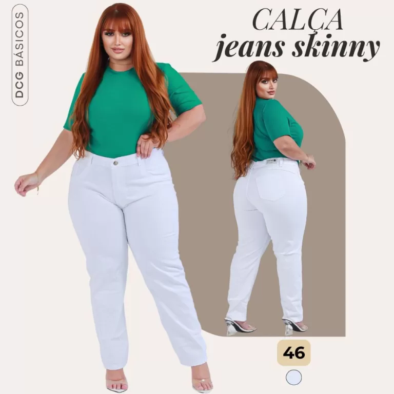 Calça jeans Skinny Branca Plus Size Cintura Alta 