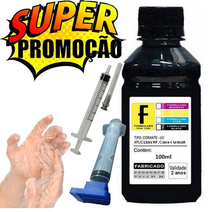 100ml Kit Tinta Preta Recarga Cartucho Impressora Hp + Sugador Desentupidor Com manual de instruções