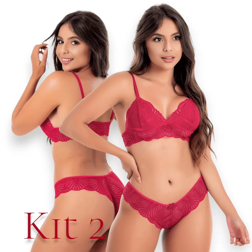 Kit 2 Conjunto Calcinha e Sutiã Sem Bojo Renda Lingerie Calcinhas Lingerie Feminina Langerie