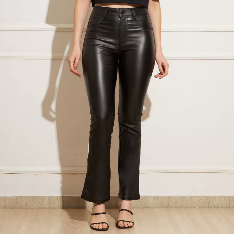 Sawary Calça Feminina Flare com Fenda Couro Ecol