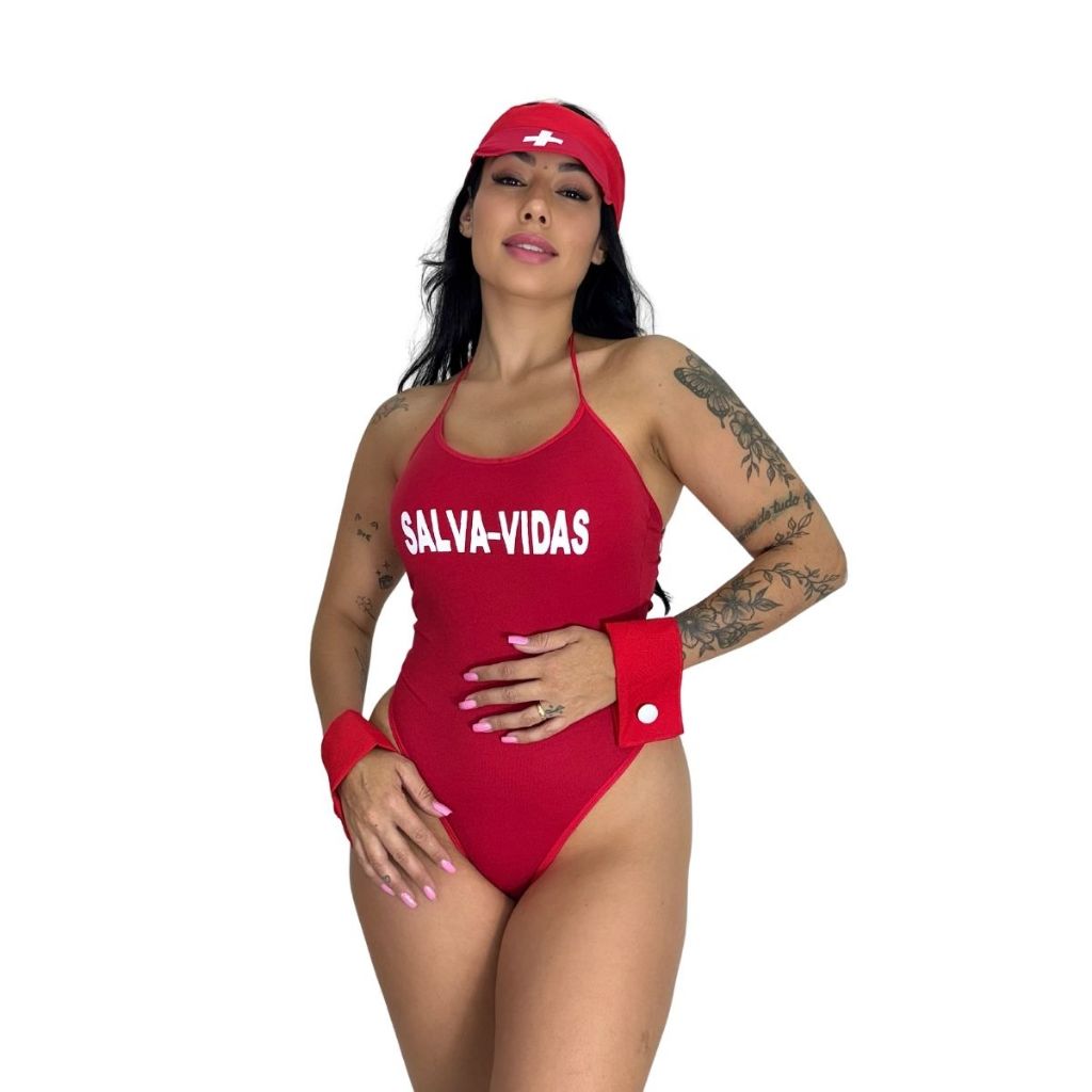 Fantasia De Salva Vidas Carnaval Maiô Feminina Bombeiro Moda Intima Adulto