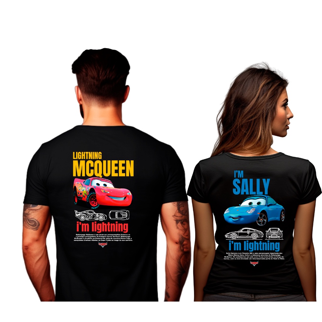 Kit Casal Camiseta Preto T-Shirt Sally e Mcqueen 100% Algodão Gearhead