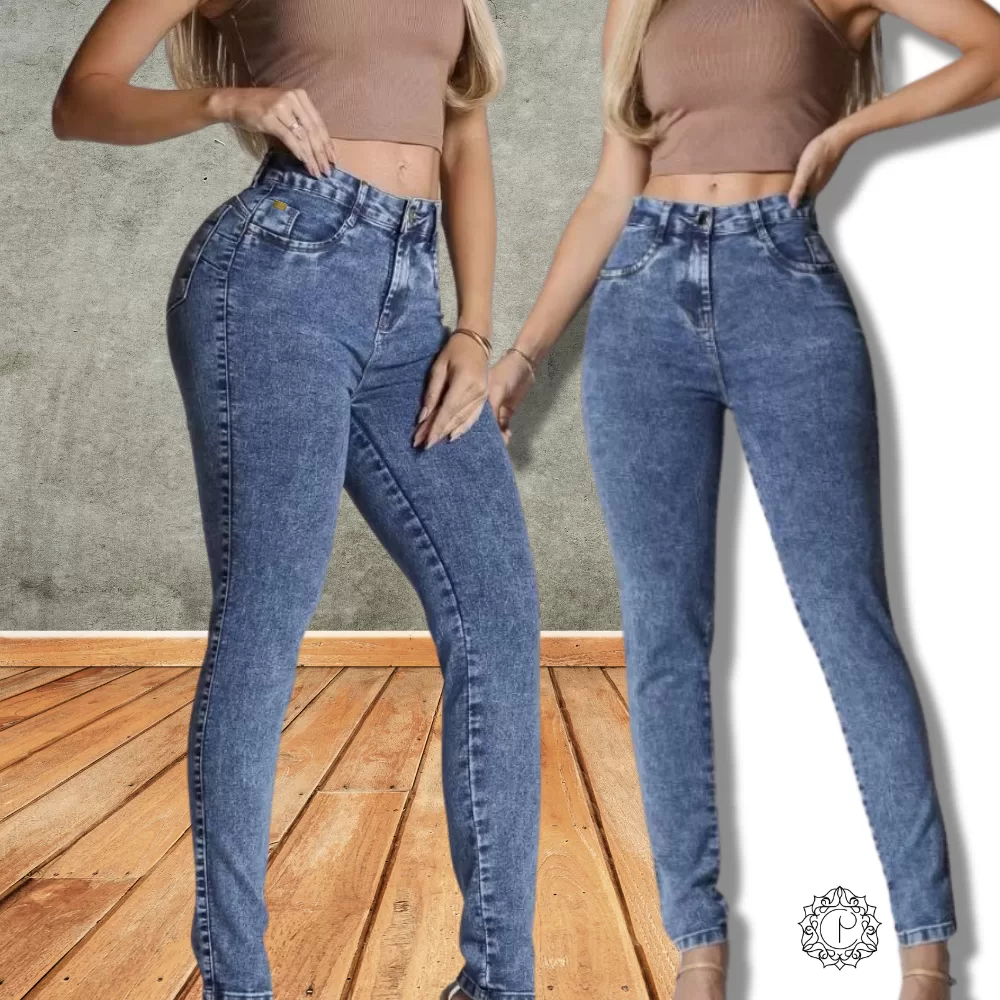 Calça Feminina Skinny Marmorizada  Elastano Cintura Alta Efeito Levanta Bumbum