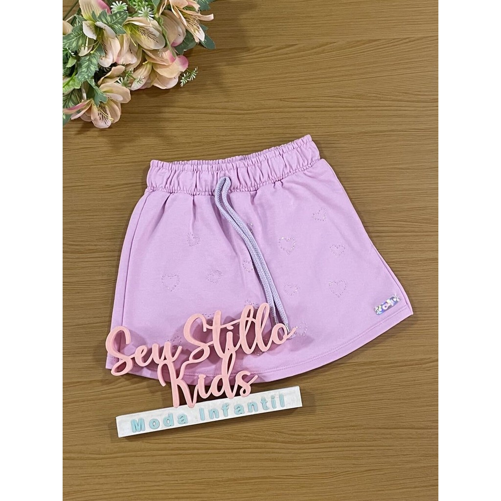 Shorts Saia Infantil Cinti Verão Lilás Corações