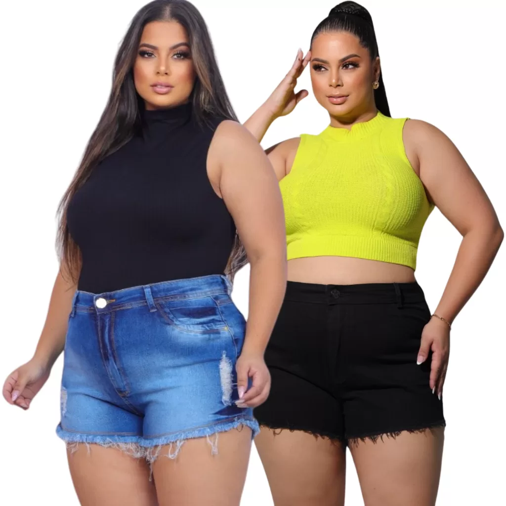 kit 2 Shorts Jeans Femininos Plus Size – Curve modeladora cintura alta lycra