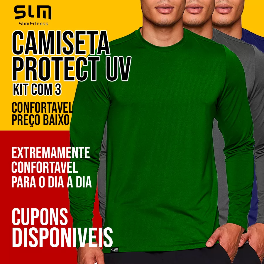 Kit 3 Camisetas Masculinas Segunda Pele UV50+ Manga Longa Academia Corrida