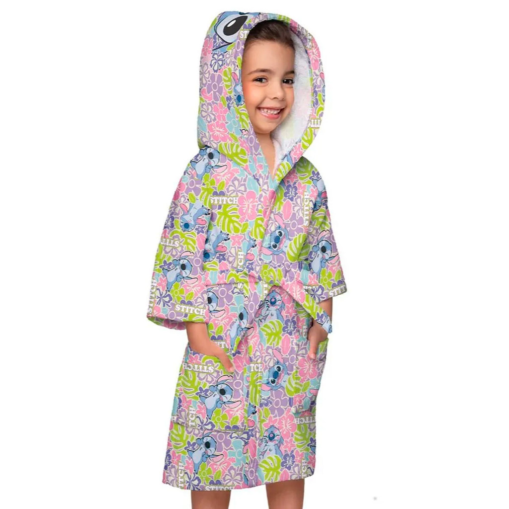 Roupão De Banho Infantil Menina Menino Com Capuz Praia Piscina Estampado Stitch