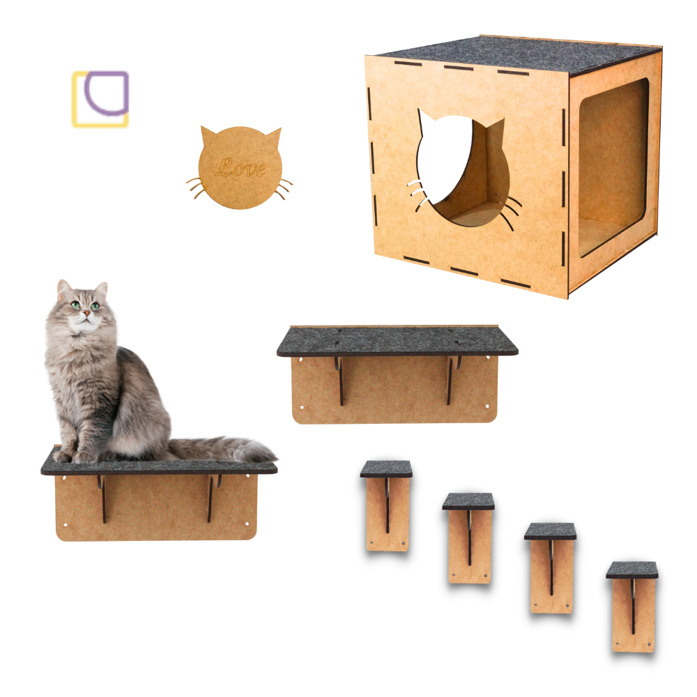 Playground Gatos Kit 7 peças Acessorio Pet Mdf 4mm Nicho Gato Prateleiras Degraus Escadinha
