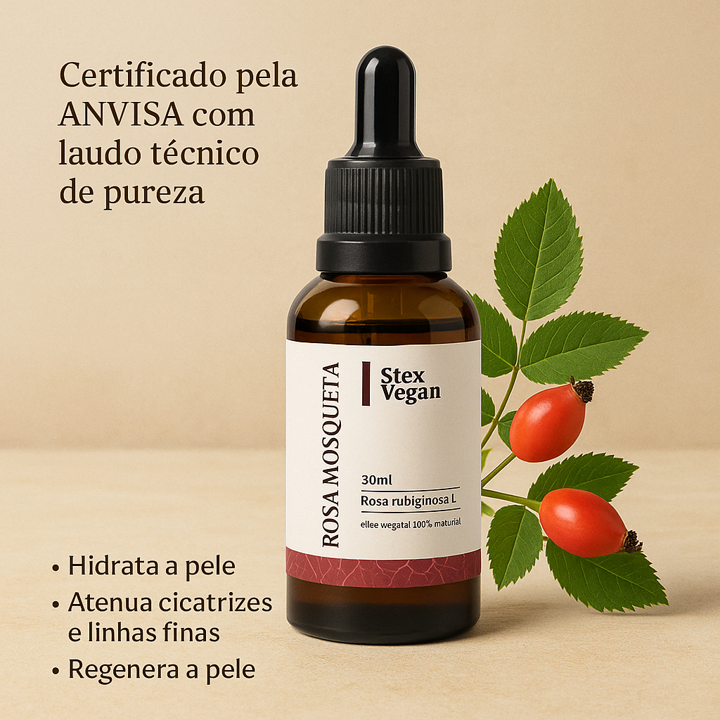 Óleo de Rosa Mosqueta Rubiginosa 100% Puro Stex Vegan 30mL – Extração a Frio do Chile
