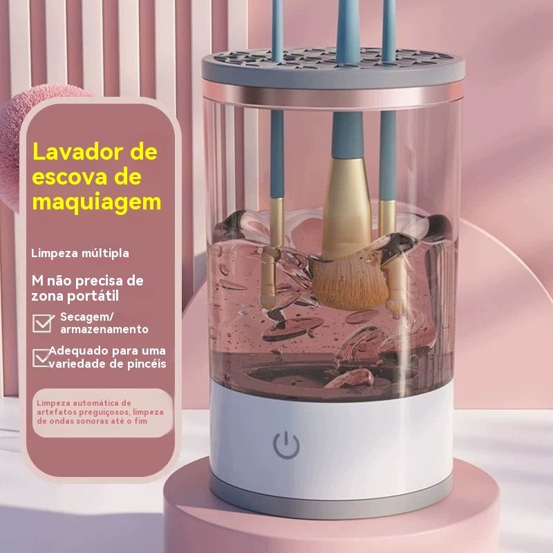 3-Em-1 Pincel De Maquiagem Automático Limpeza E Secagem Giratório Limpador Cosmético