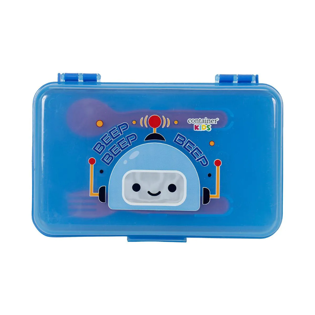 Porta Refeição Robots Azul Com Talher Infantil Menino Container Kids