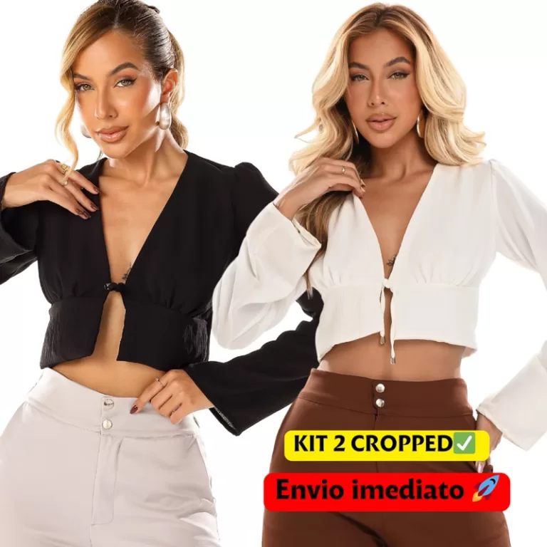KIT 2 cropped blusa  boho chic manga longa decote 