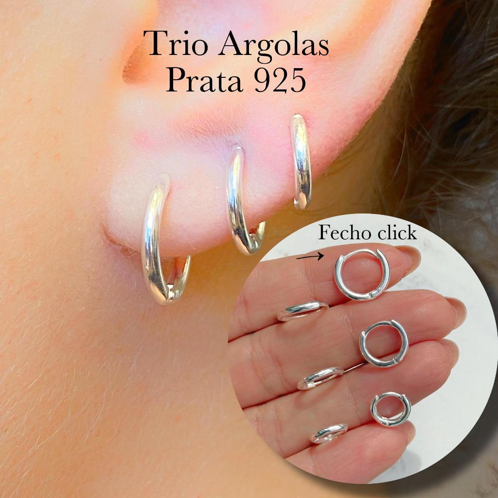 Trio de Argolas Prata 925 Lisa Cravejada Ponto de Luz Kit Feminino 3 Pares Brinco Click