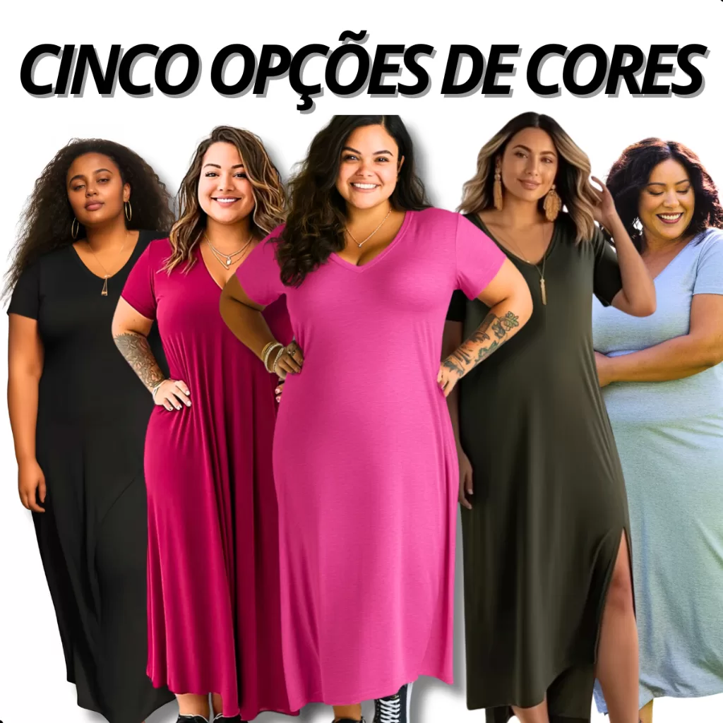 Kit Vestido Gestante Soltinho Midi Plus Size Feminino Longo Fenda Lateral Liso Gola V