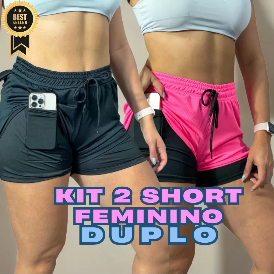 Kit com 2 Shorts Esportivos Duplo 2 em 1 Feminino para Academia, Corrida e Treino