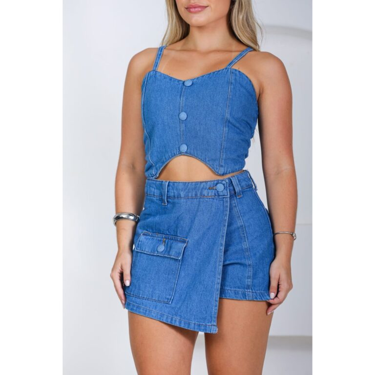 Top Jeans Alça Lastex Ziper Feminino com Botões 