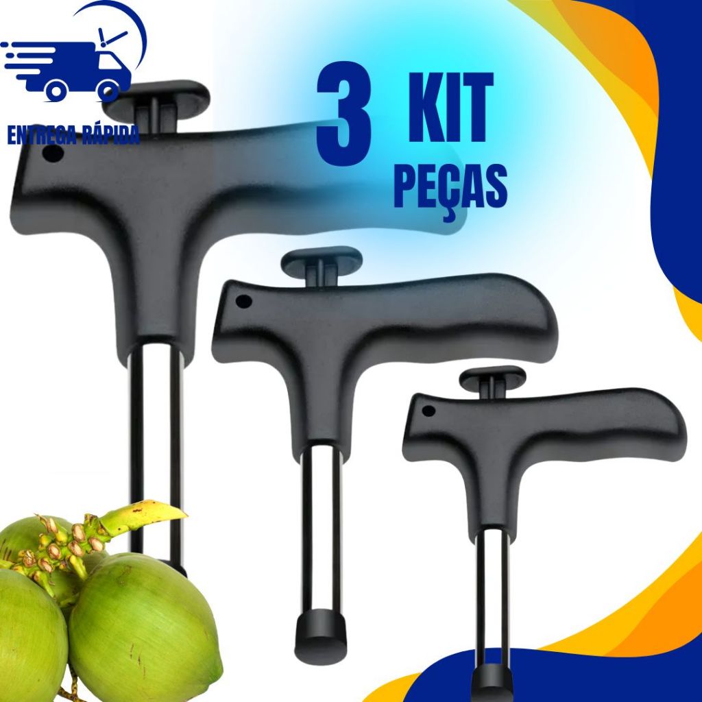 Kit 3 Furador Abridor De Coco em Inox Profissional Resistente Manual Fácil de Abrir