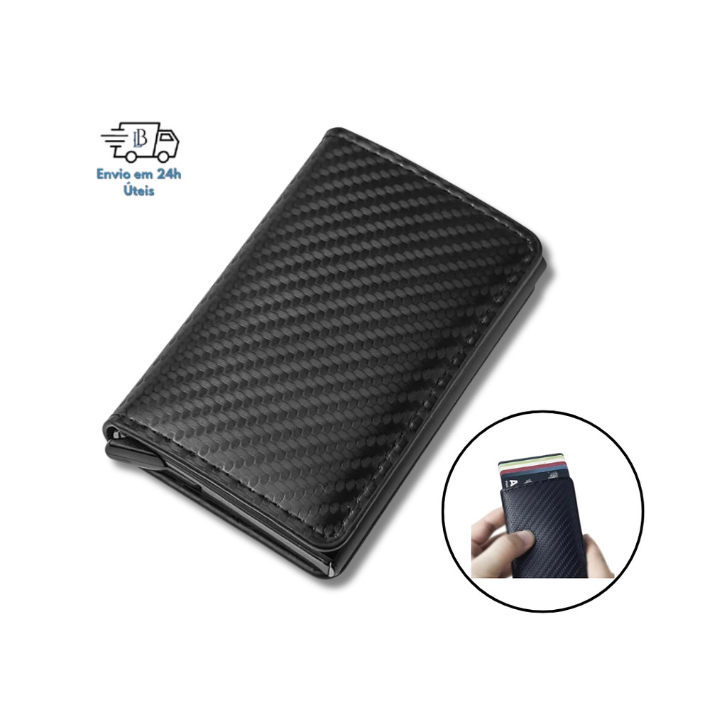 Carteira Ejetora Slim em Fibra de Carbono e Couro com Proteção contra Roubo