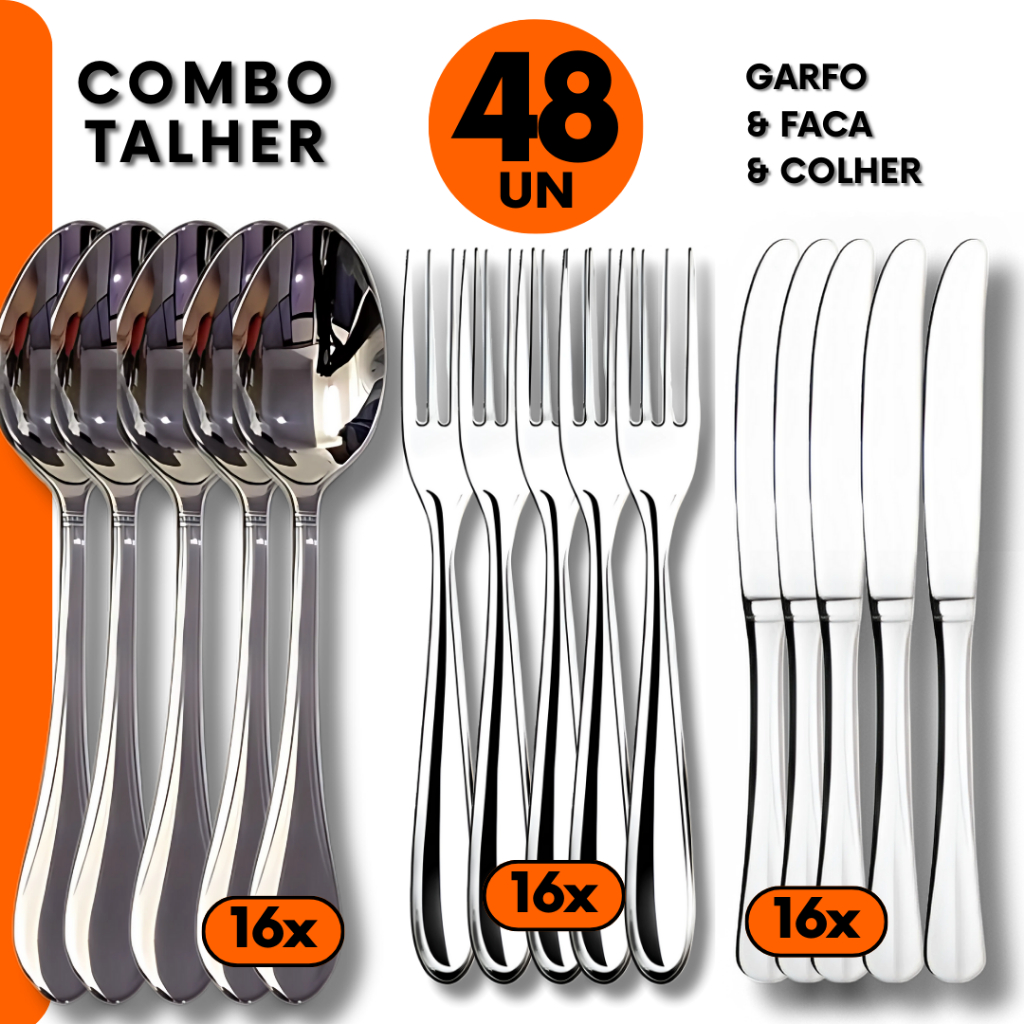 Kit Talher 48pçs – Colher , Grafos e Facas Inox para Jantar Almoço Refeição em Bar Restaurante