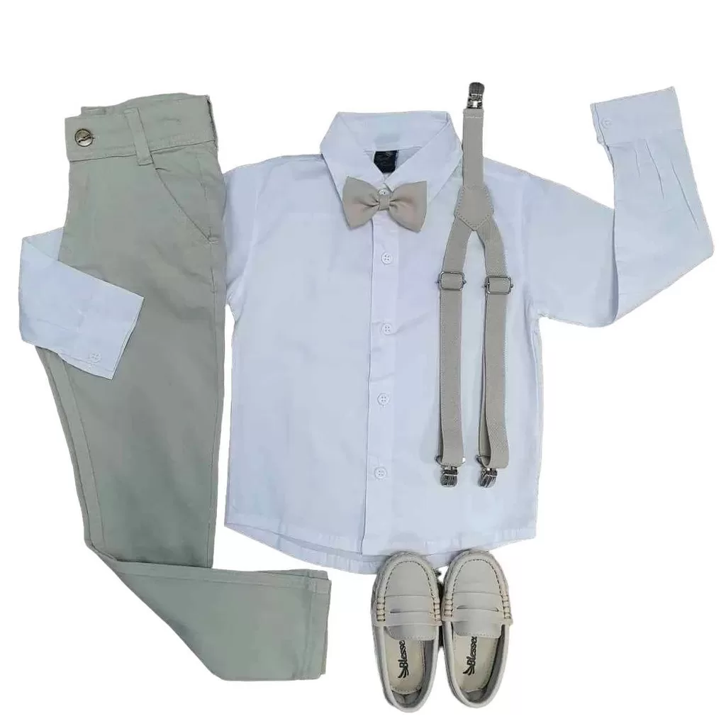 Roupa Para Batizado – Calça Nude com Camisa Branca Infantil