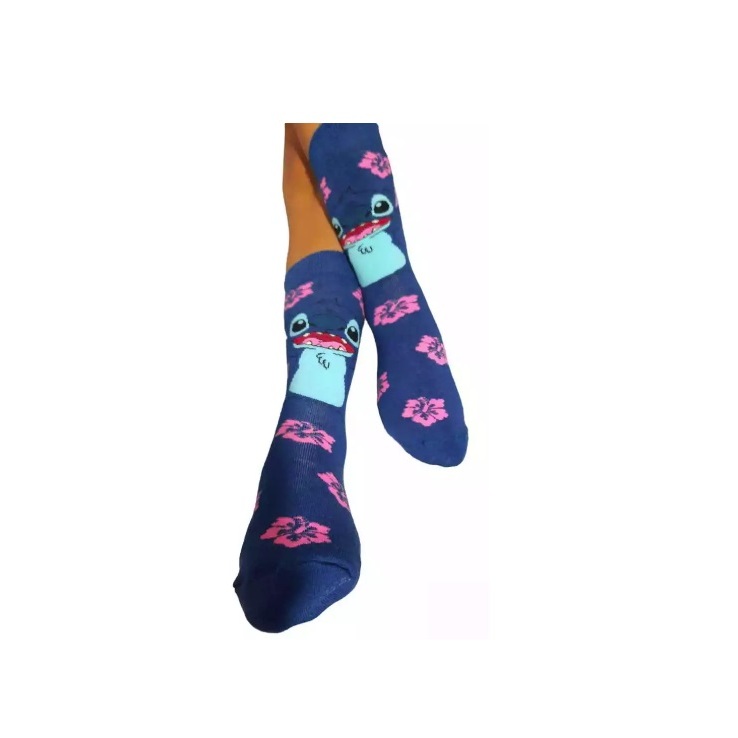 Meia Stich Cano Medio Azul e Rosa Adulto Atoalhada