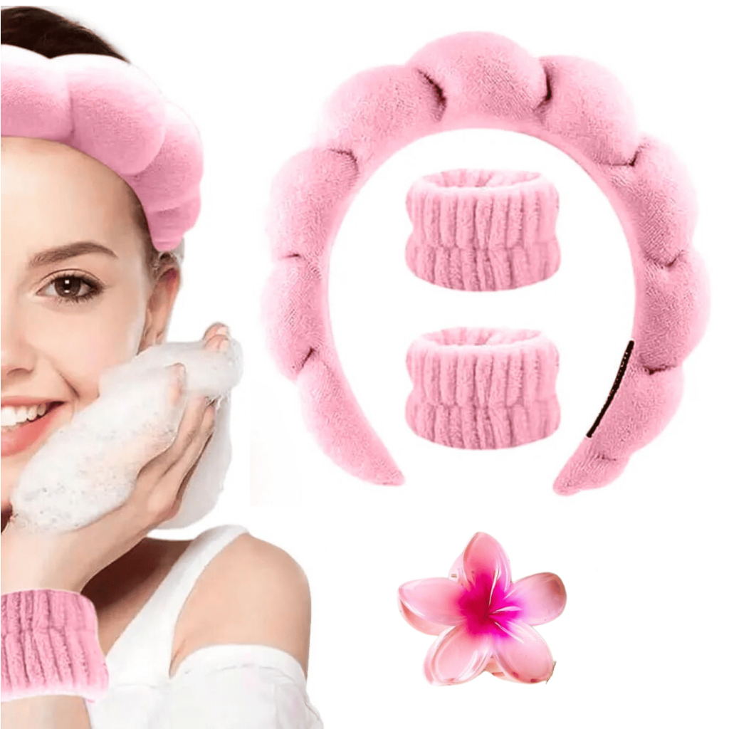 Kit Premium Acessórios Skincare: Tiara Blogueira, Pulseira Atoalhada e Presilha Piranha Cabelo Flor
