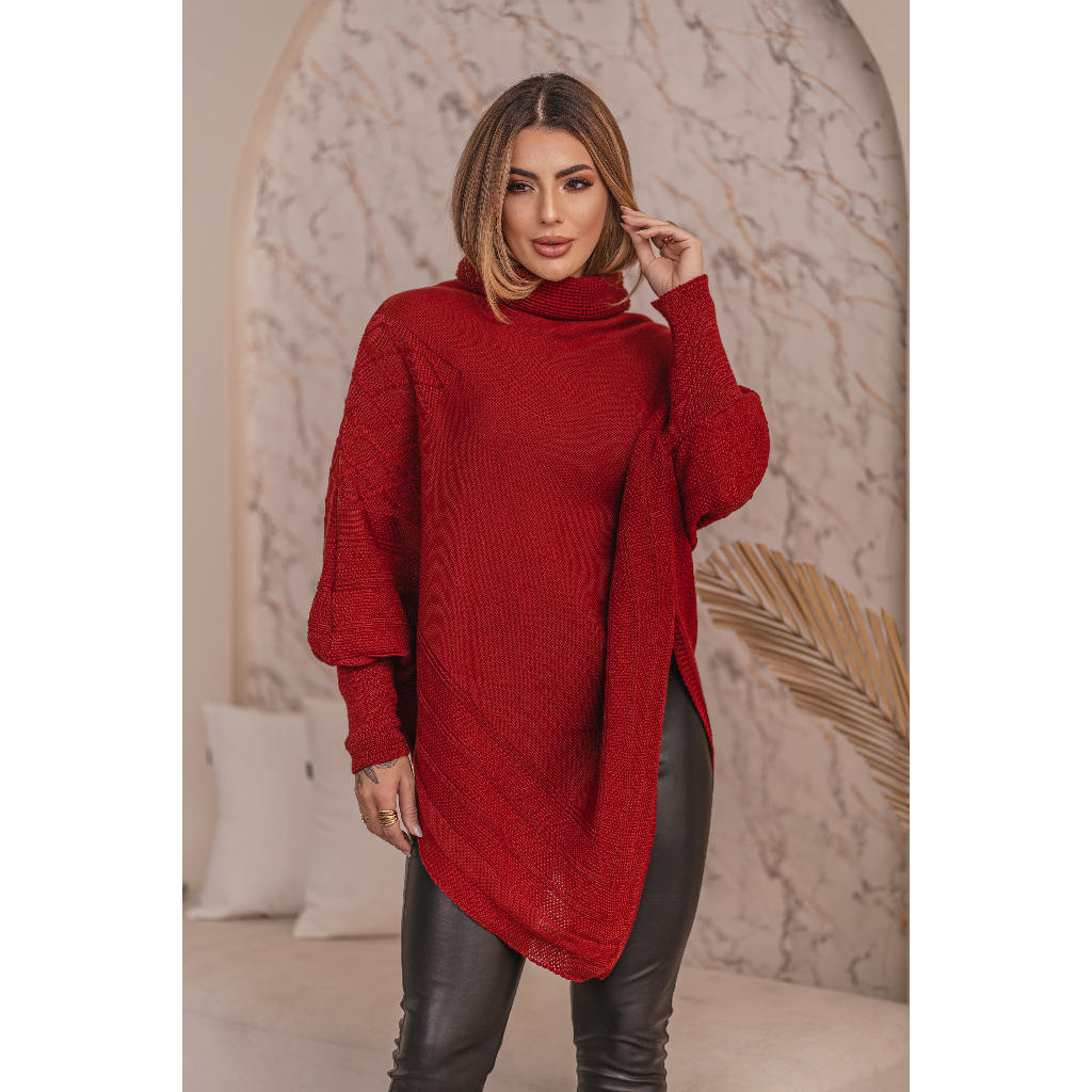 Poncho Kimono Blusa de Frio Tricot Feminino Gola Alta Inverno Grosso Tendência Estilo Boho Elegante