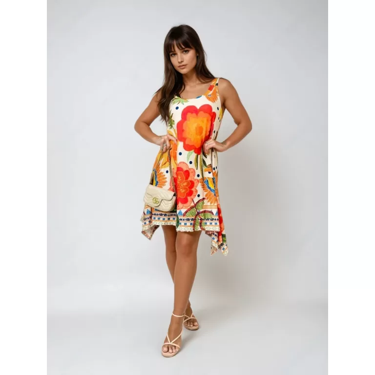 Vestido Ponta Floral Tropical  Malha Fria Fluity, 