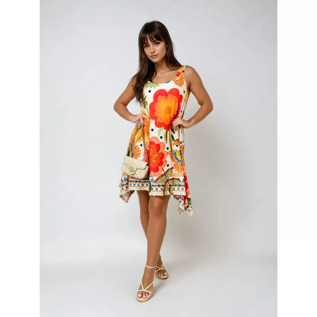 Vestido Ponta Floral Tropical  Malha Fria Fluity, Assimétrico e Estampa Colorida – estilo farm