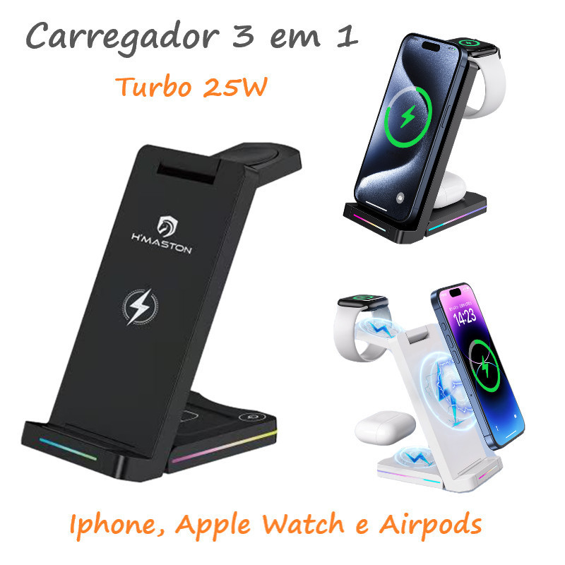 3 em 1 Carregador Rápido Sem Fio Suporte iPhone Airpods Apple Watch Dobrável Estação de Carregamento
