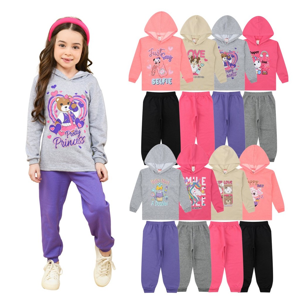 Kit 6 Peças Blusas Com Capuz Moletom + Calça Roupa Infantil – Conjunto Menina Sortido Moda Inverno F