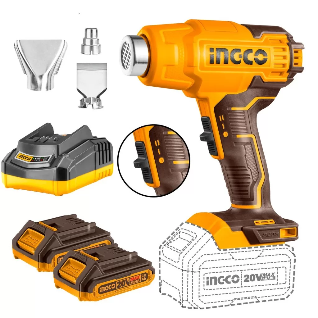 Soprador Termico Pistola de Calor Profissional Ingco Completa Com Bateria e Carregador 20V