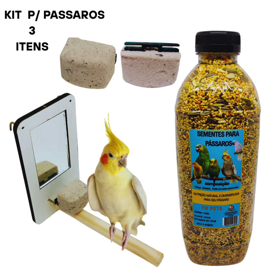 Kit para Calopsita com Espelho, Pedra de Cálcio e Sementes Completo FN Pets 3 Itens viveiro  gaiolas