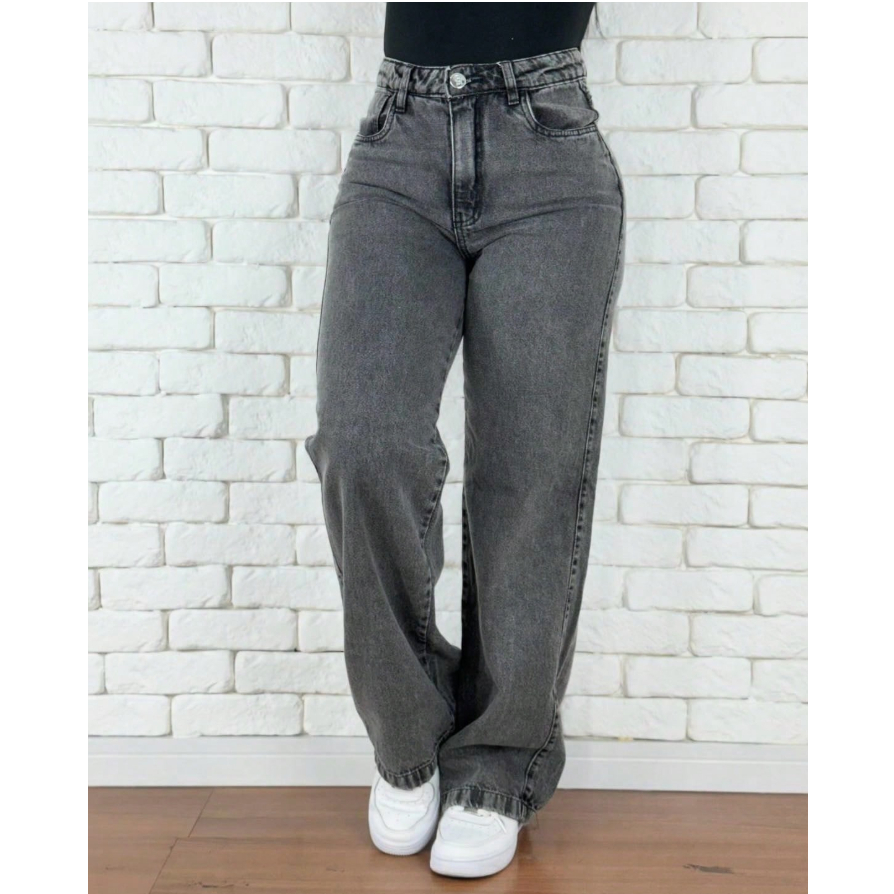 Calça Wide Leg Jeans Preta Marmorizada Calça 100% Algodão Pantalona Cintura Alta