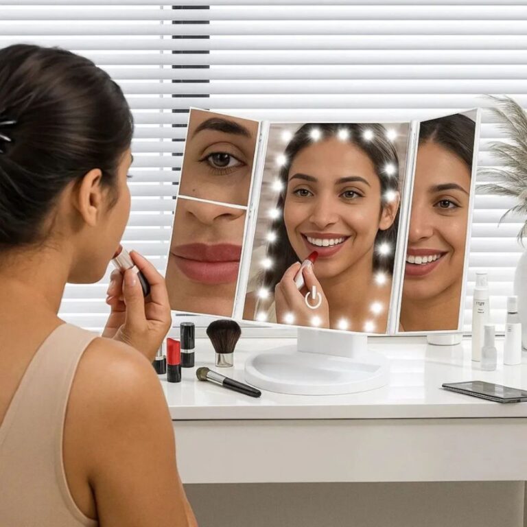Espelho de Maquiagem com LED de Mesa Dobrável Tri
